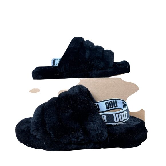 UGG K Fluff Yeah Slides Women's Size 6 in Black in Excellent Near Mint Condition - Picture 2 of 8